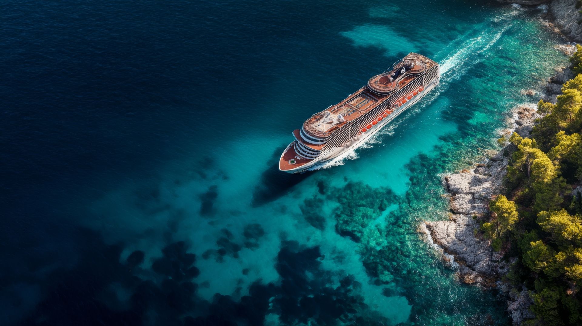 A cruise ship gliding through blue water, seen from above