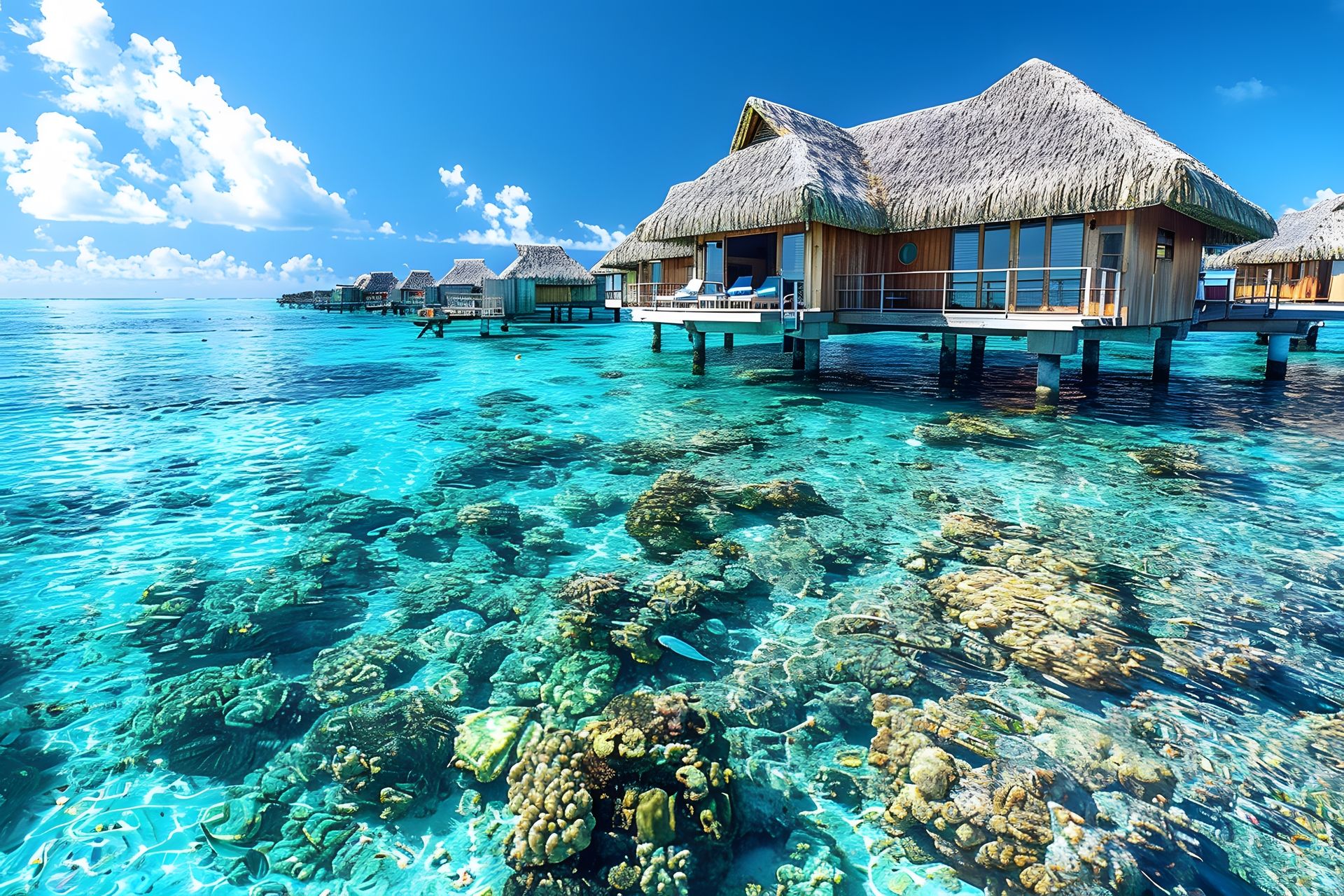 Overwater bungalows above a turquoise lagoon
