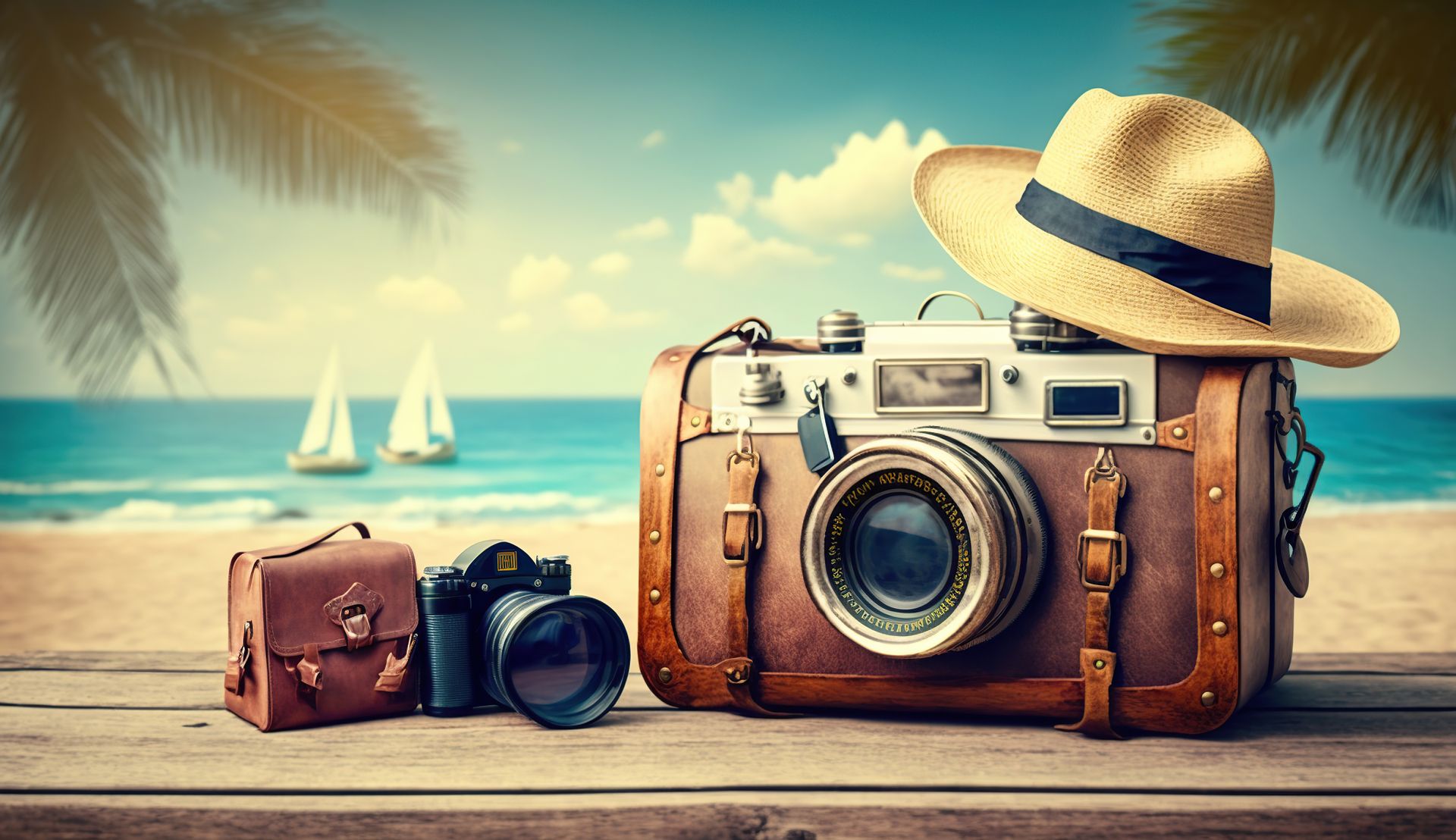A vintage suitcase, hat, camera and passport laid out for a trip