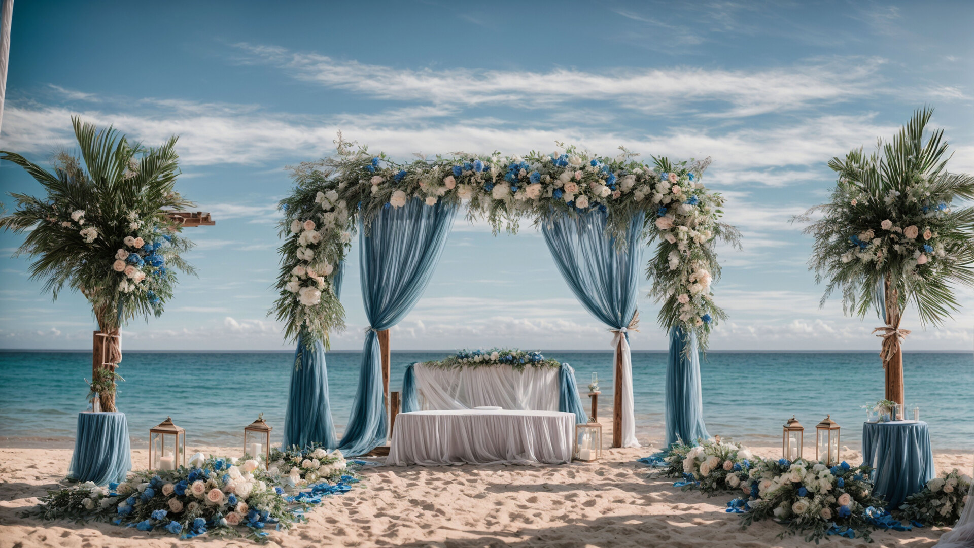 A wedding arch with blue drapes and flowers on a sunny beach