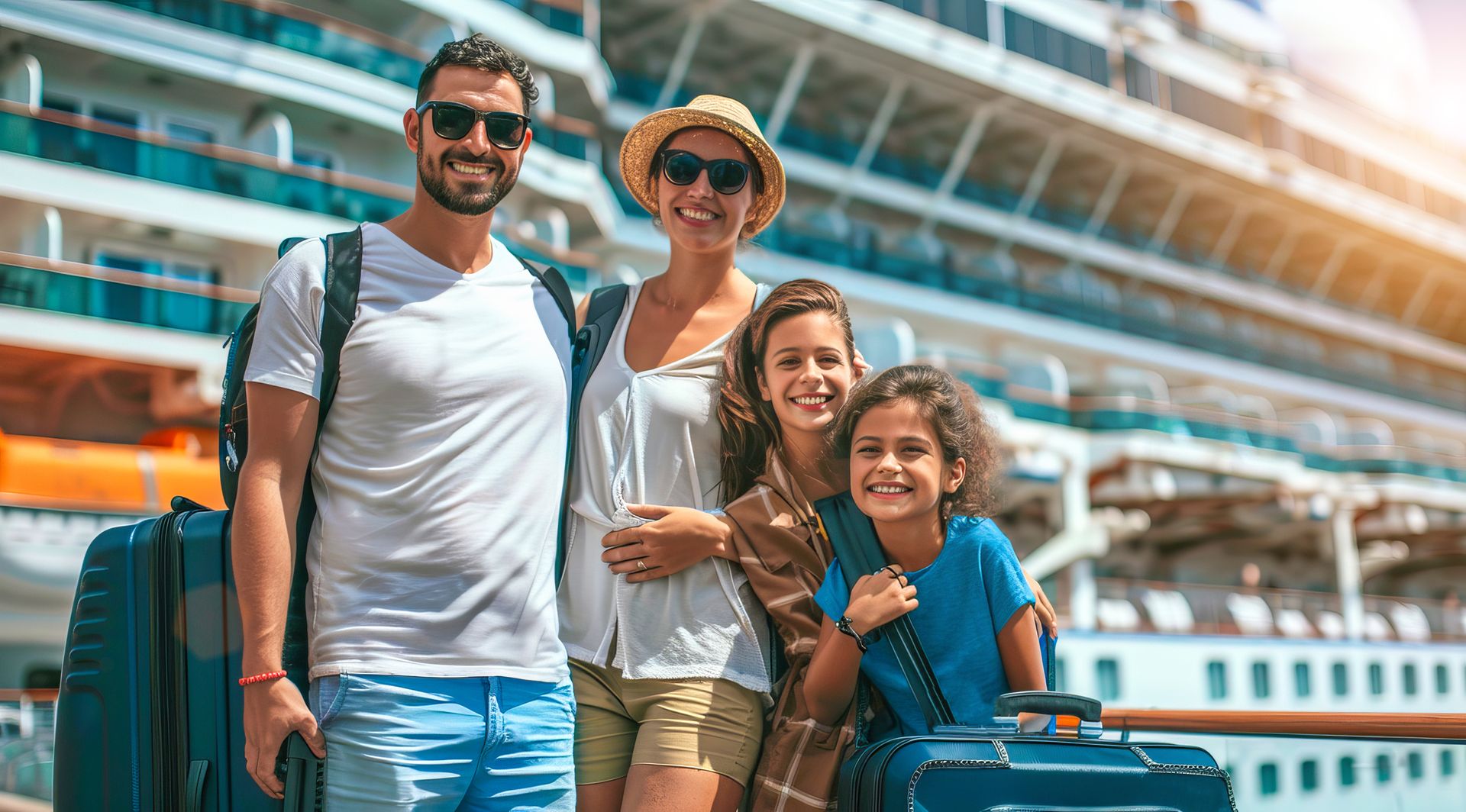 A family of four posing in front of a cruise ship