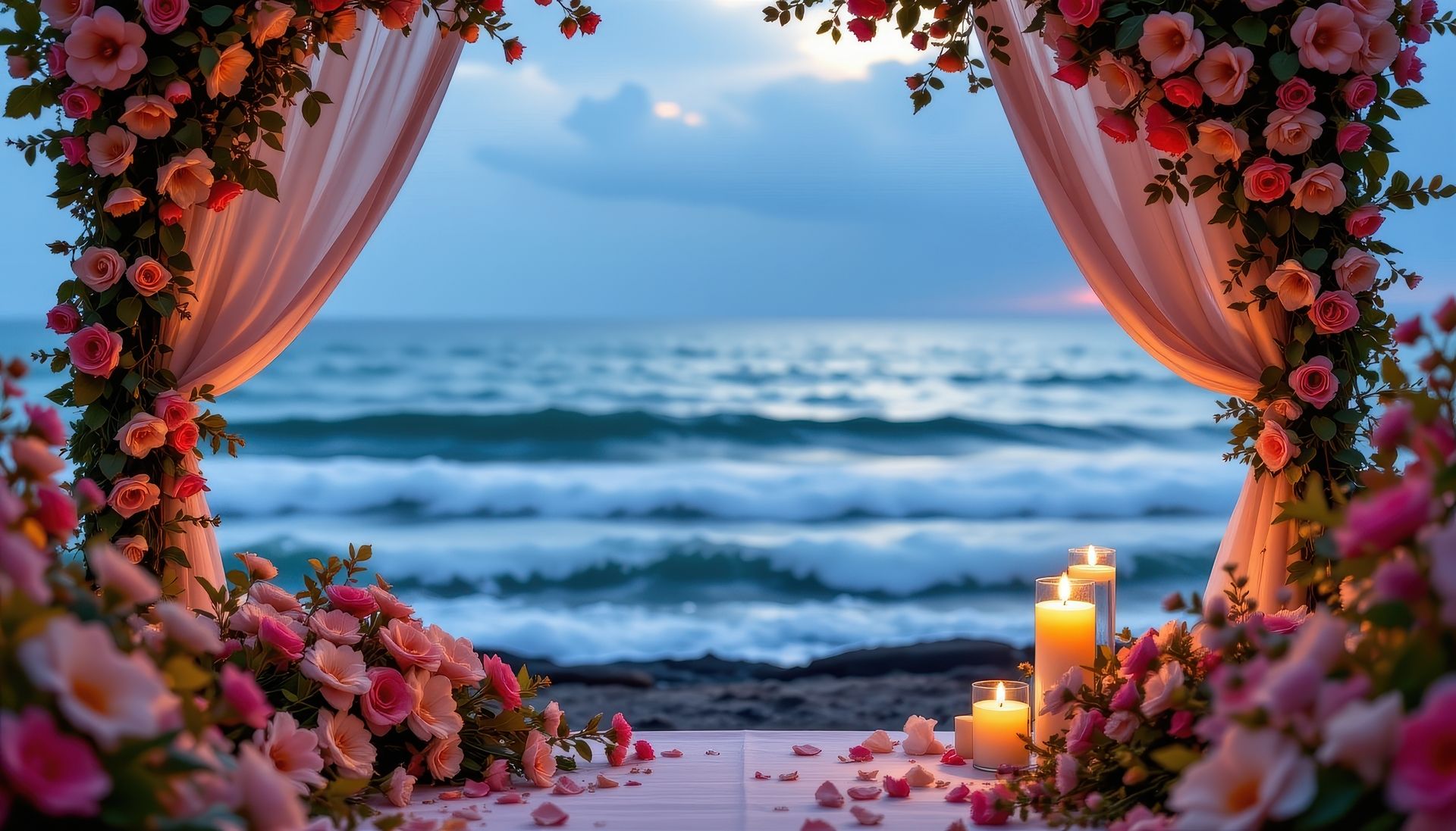 A candle-lit floral setting facing the sea