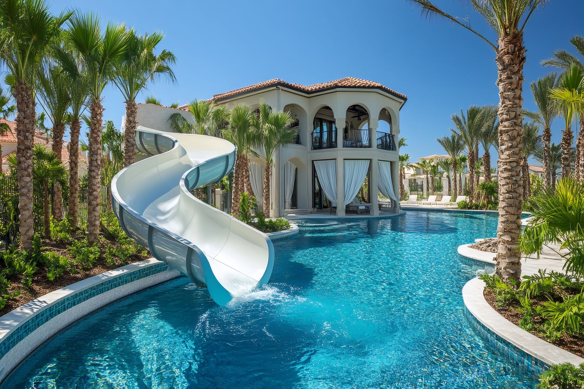 A waterslide spilling into a turquoise resort pool