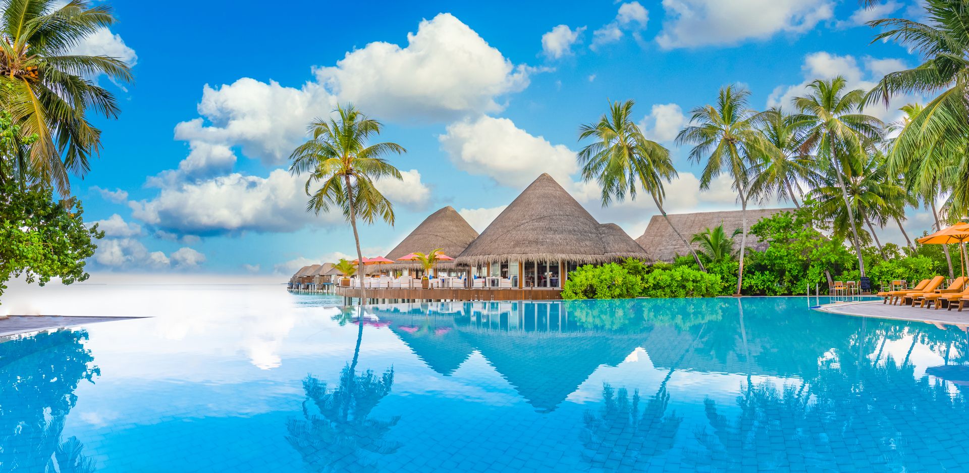 An infinity pool reflecting palm trees at a luxury resort