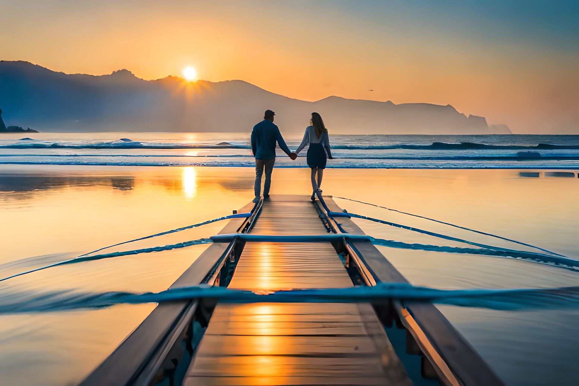 A couple walking hand in hand along a wooden pier over the water