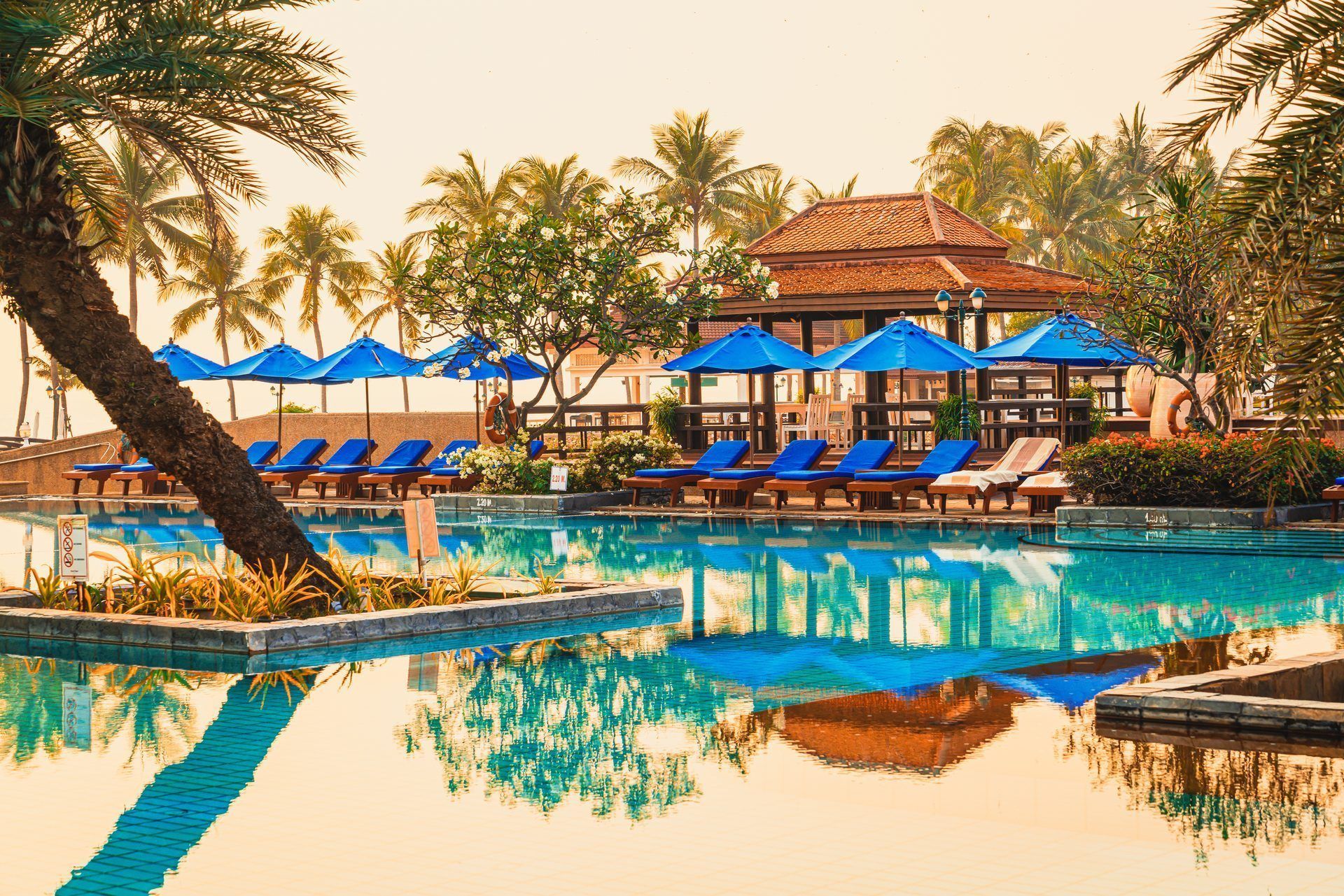 Umbrellas and loungers around a resort pool