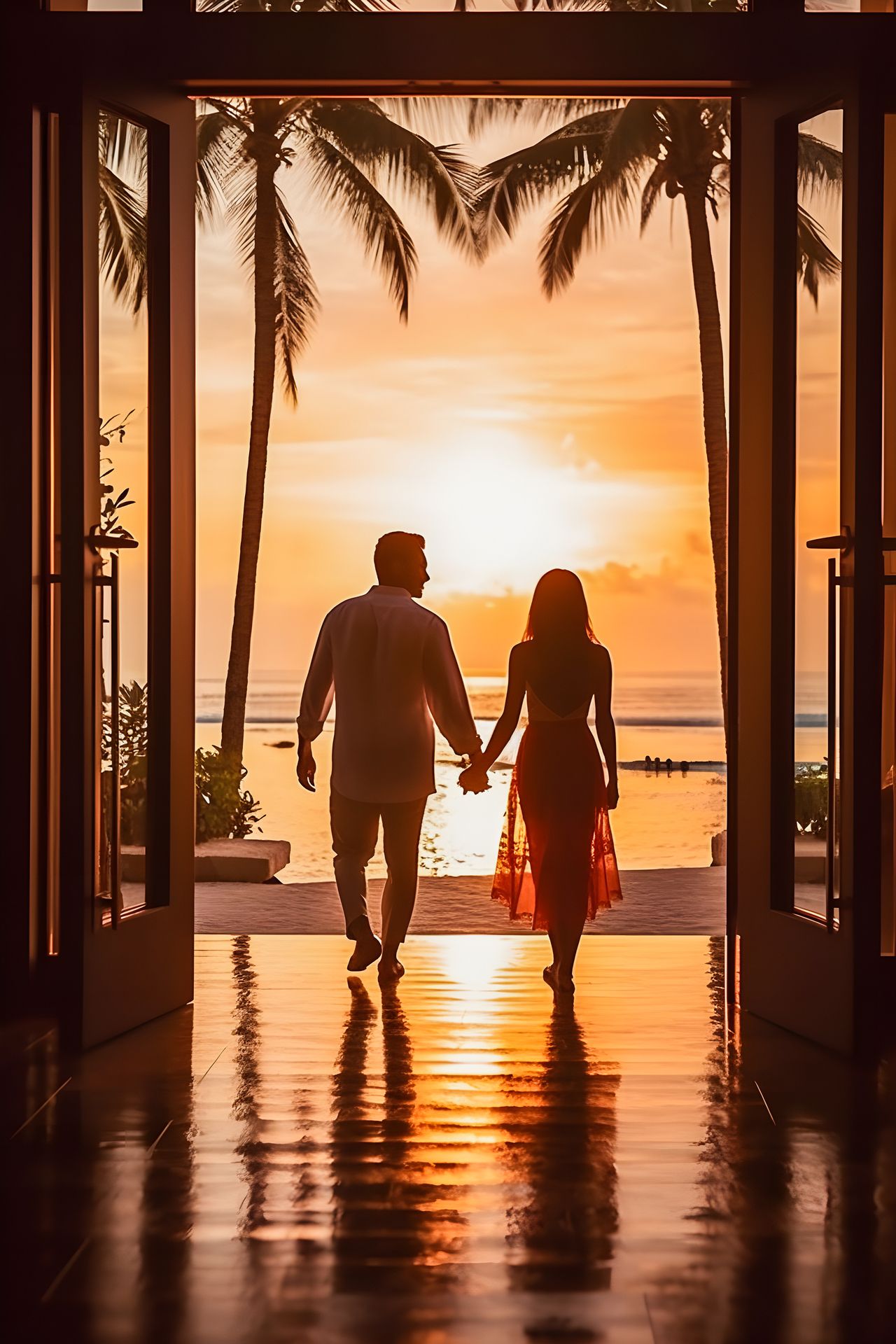 A couple holding hands in a doorway facing a tropical sunset